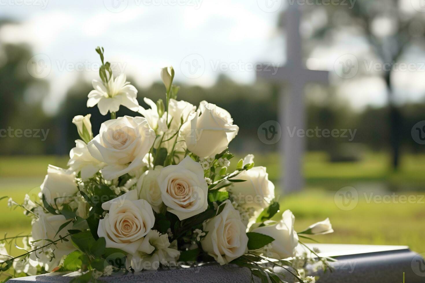 white flowers in front of a gravestone at a cemetery with sunset.Funeral Concept AI generated photo