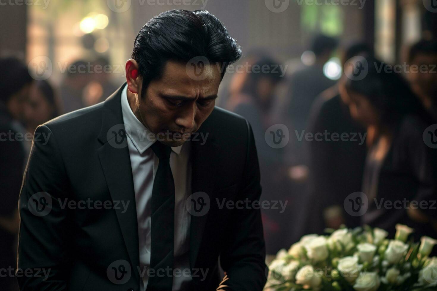 Elderly asian man with funeral sorrow and flowers in church AI generated photo