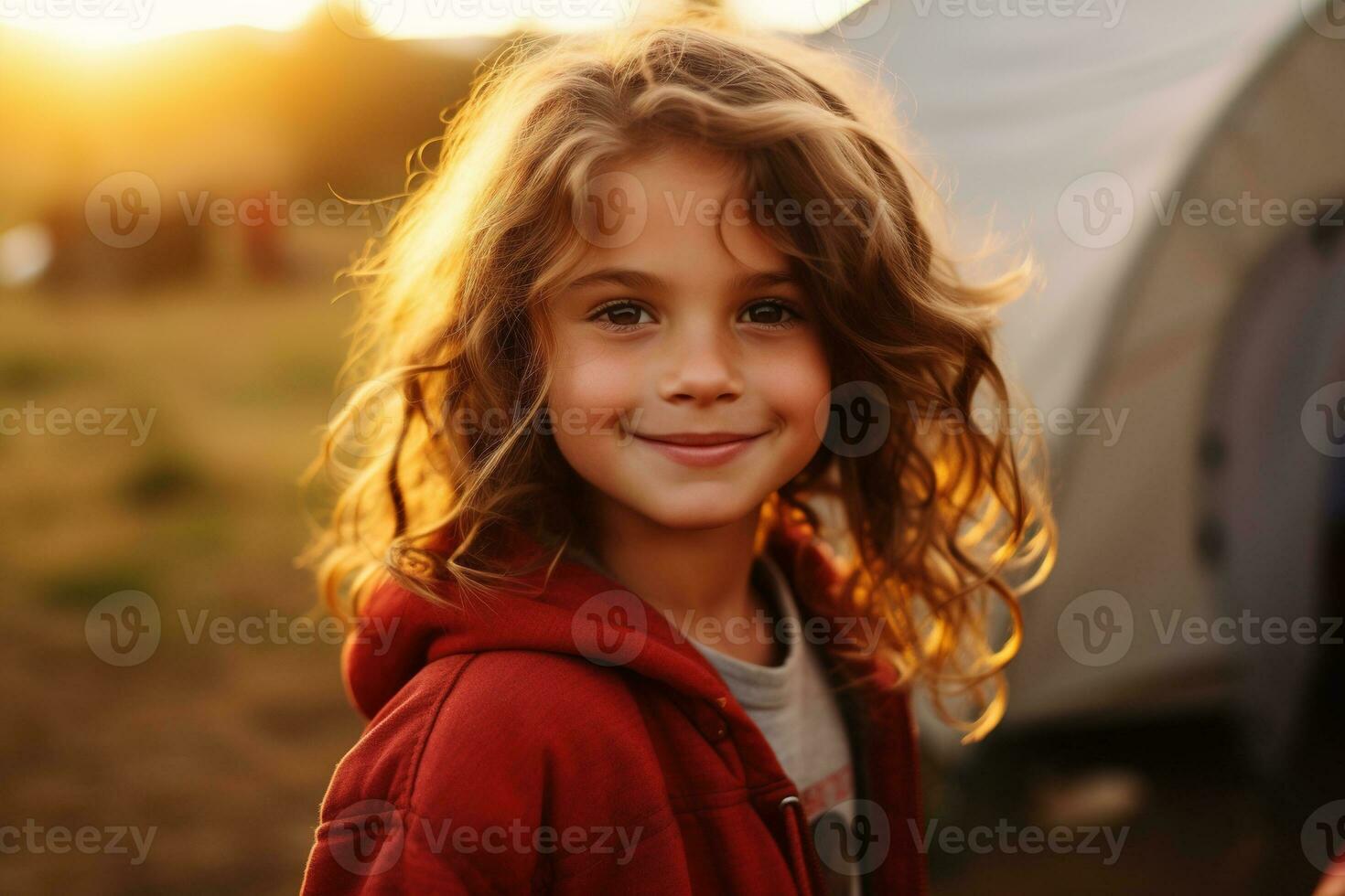 Portrait of cute little girl at camera while standing near camping tent at sunset AI generated photo