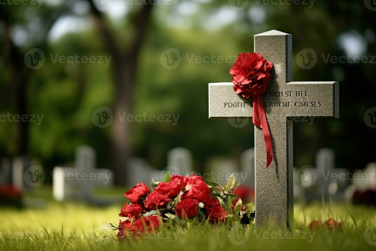 Red roses on a grave at a cemetery during the sunset with copy space AI generated photo