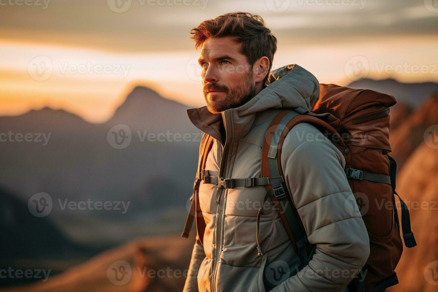 hermoso joven hombre con mochila excursionismo en el montañas a puesta de sol ai generado foto