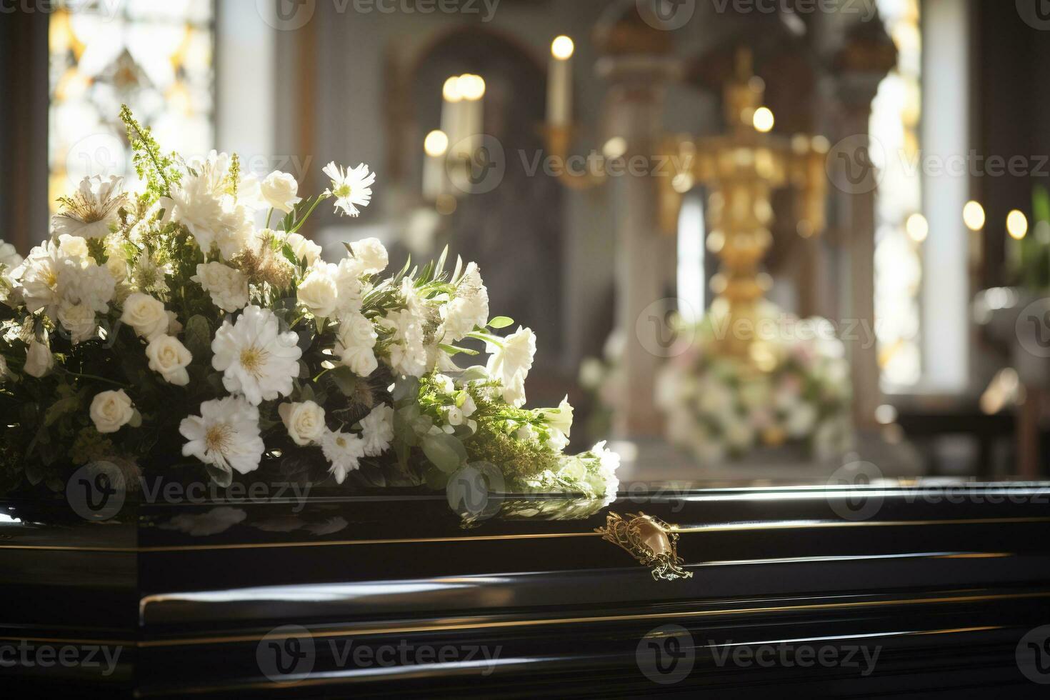 closeup shot of a casket in a hearse or chapel before funeral or burial at cemetery AI generated photo