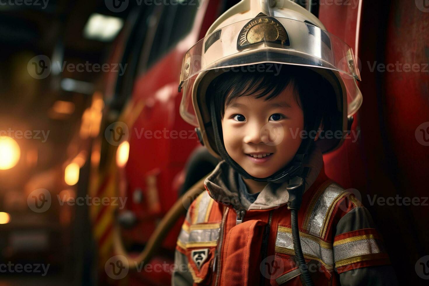 Portrait of cute little boy wearing firefighter uniform in the fire department AI generated photo