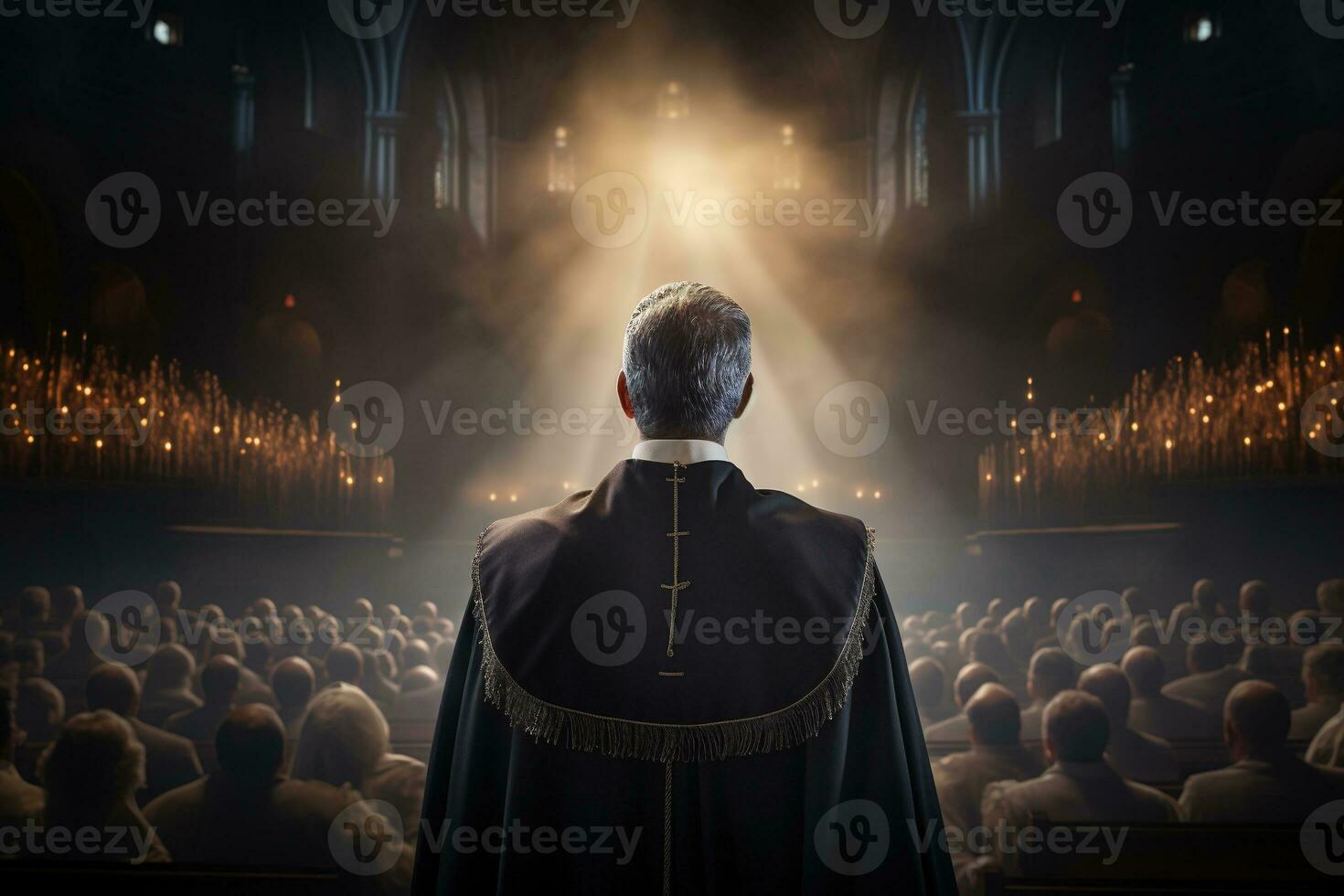 Rear view of priest looking at church interior. Religion concept. AI generated photo