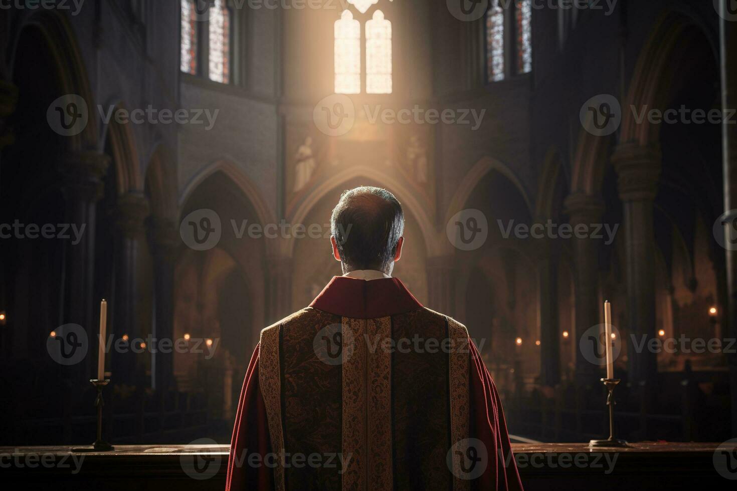 Rear view of priest looking at church interior. Religion concept. AI generated photo