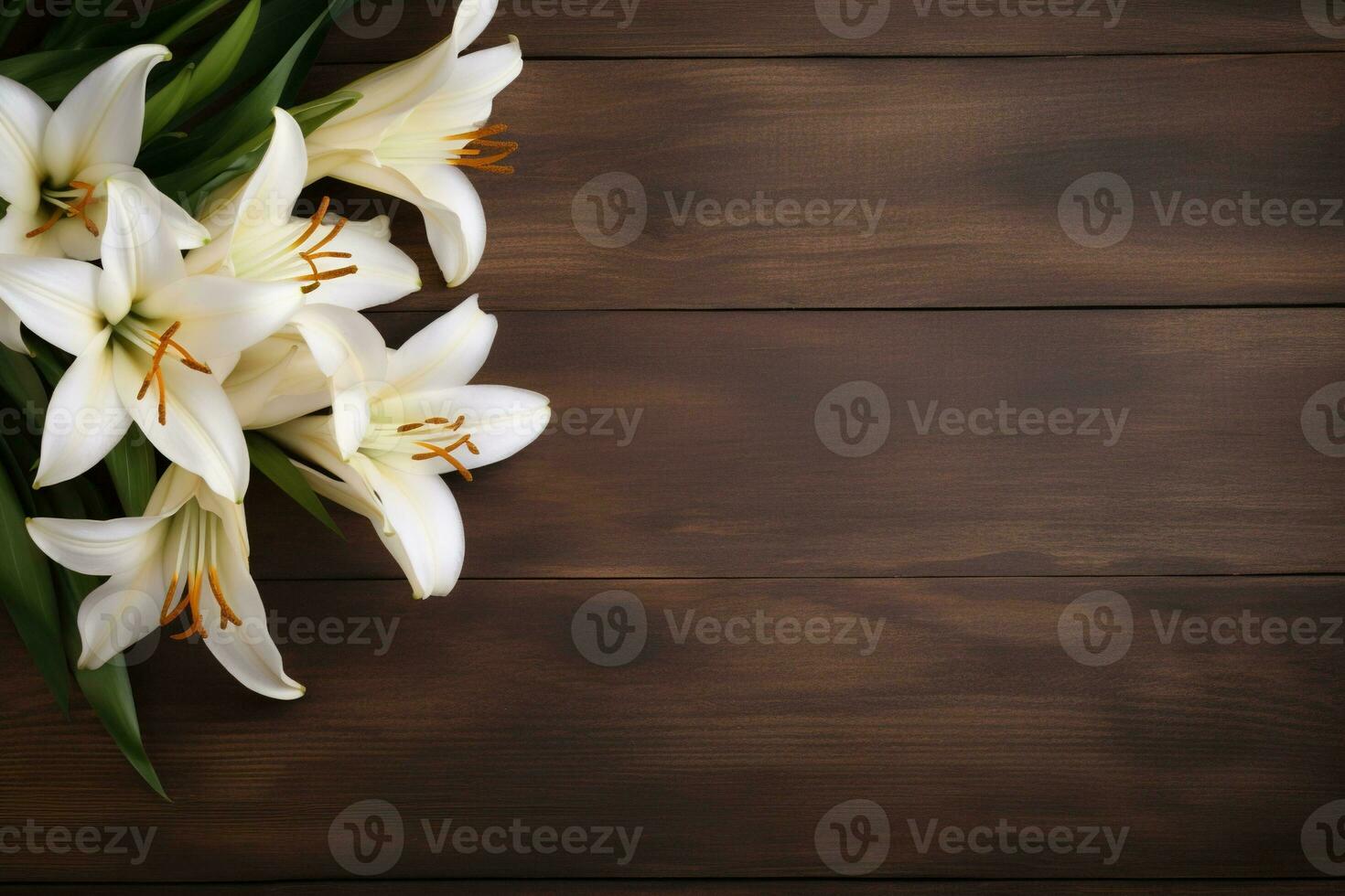 White lily flowers on wooden background. Top view with copy space.Funeral Concept AI generated photo