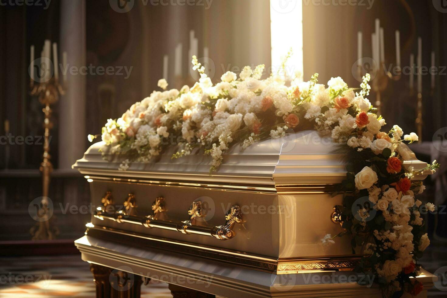 Beautiful flowers in a coffin at a funeral AI generated photo