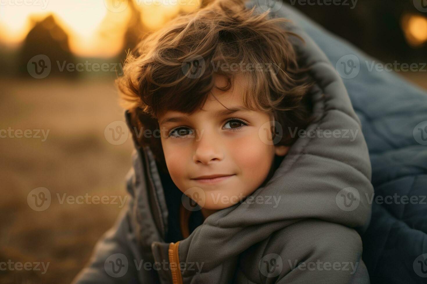 Portrait of a cute boy looking at camera while near his tent in nature AI generated photo