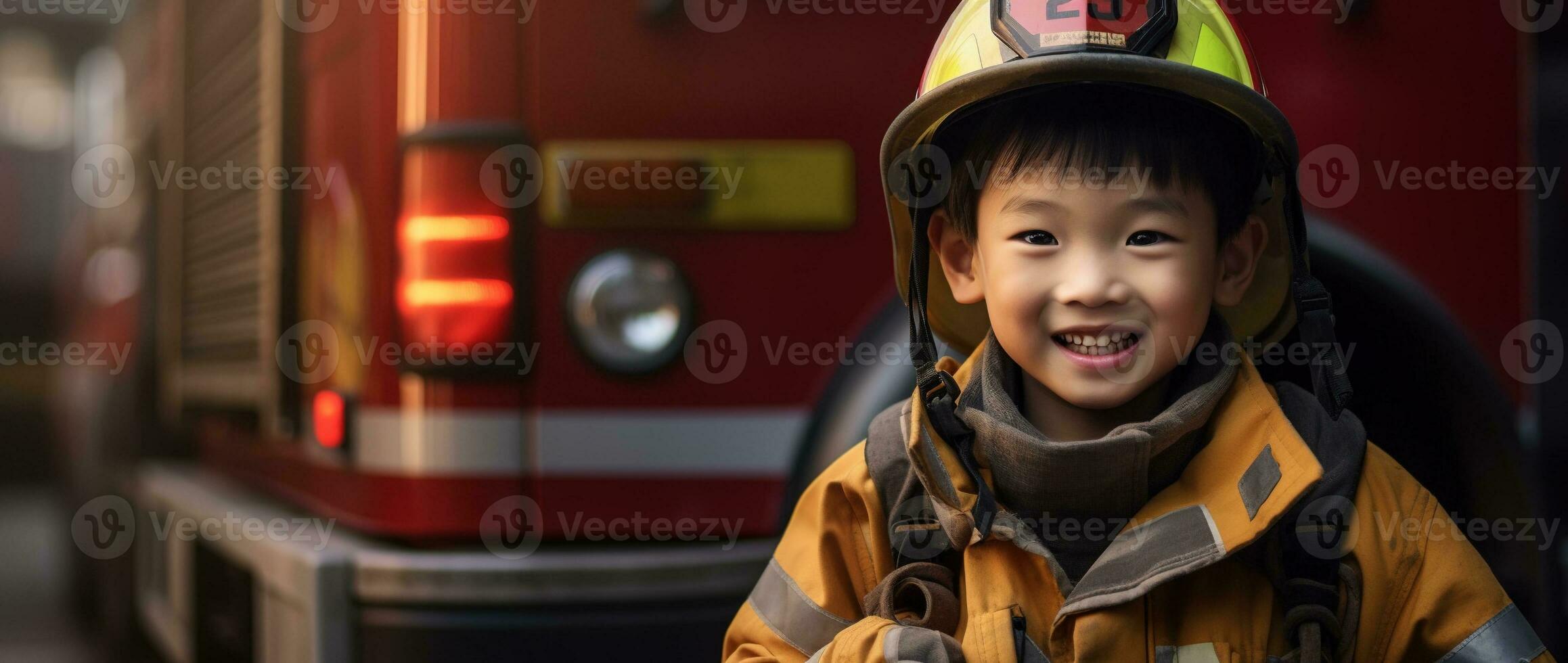 Portrait of happy asian boy wearing firefighter uniform with fire truck in background AI generated photo