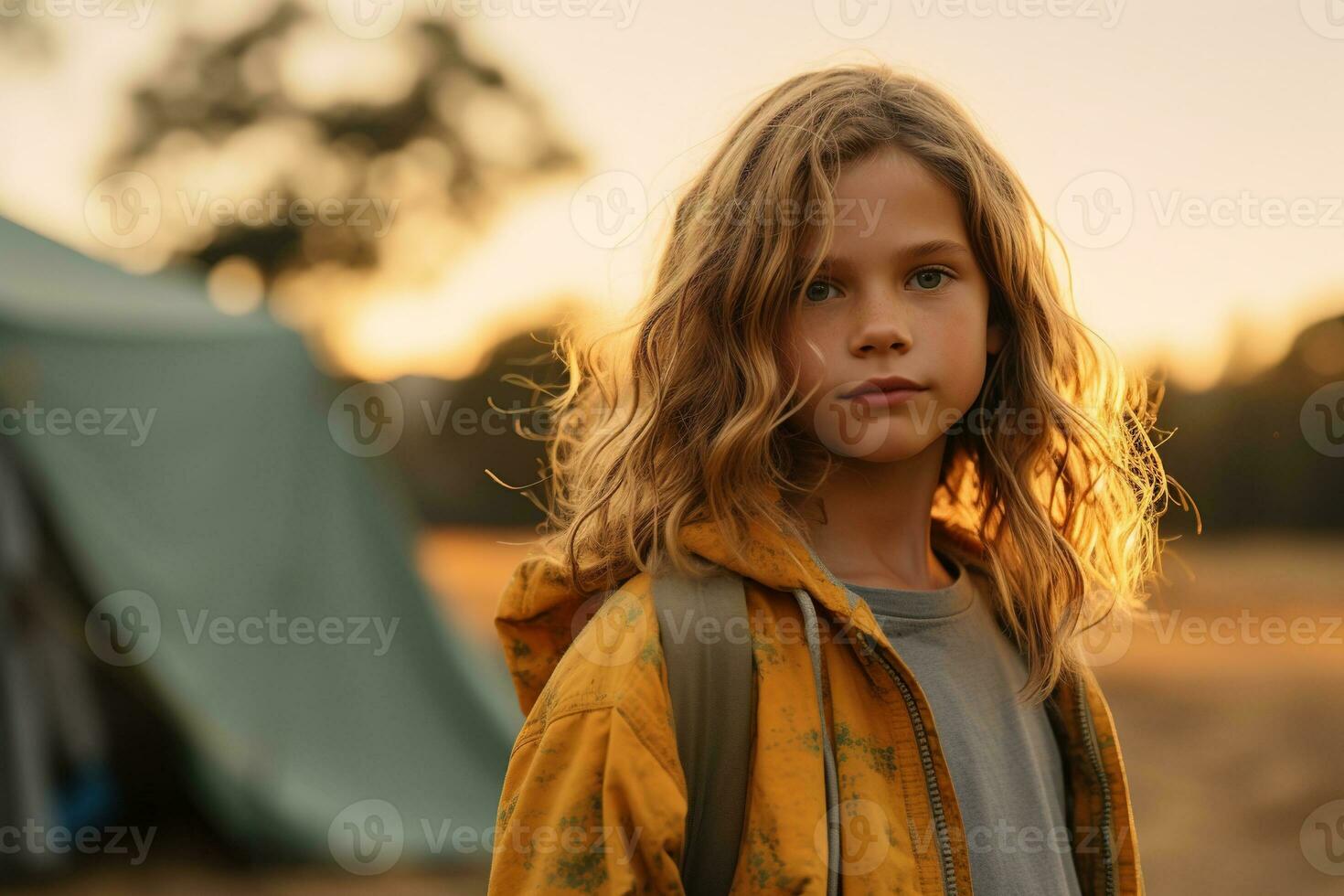 Portrait of cute little girl at camera while standing near camping tent at sunset AI generated photo