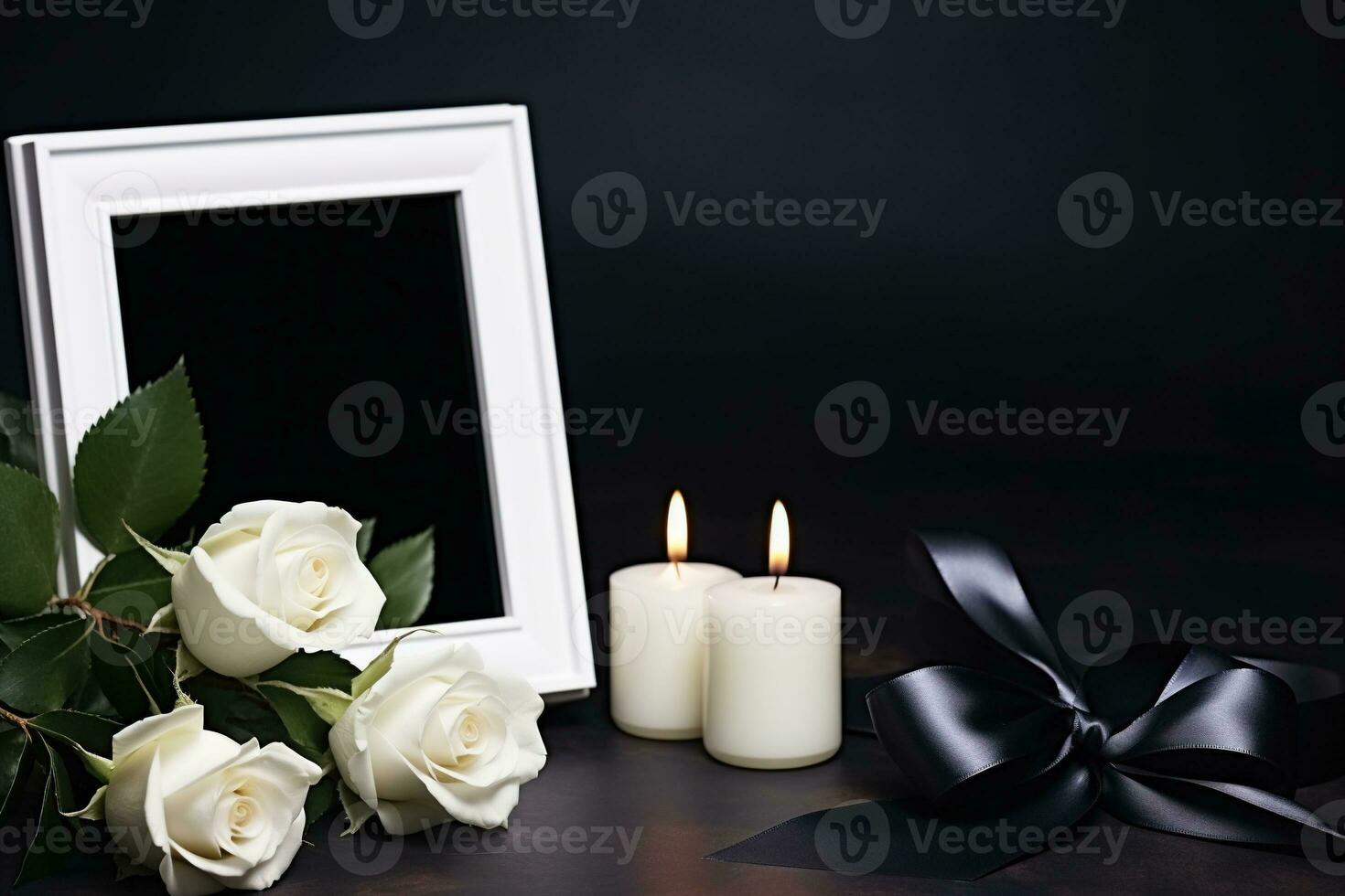 White roses with ribbon and photo frame on black background.Funeral Concept AI generated