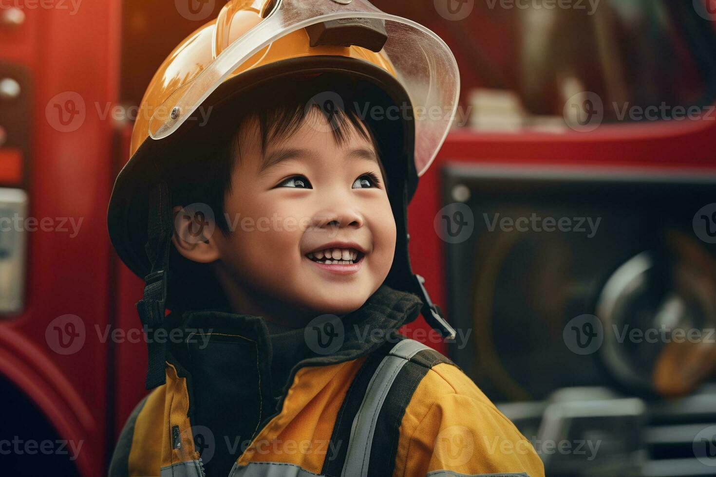 Portrait of cute little boy wearing firefighter uniform in the fire department AI generated photo