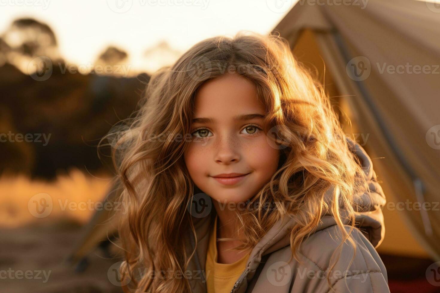Portrait of cute little girl at camera while standing near camping tent at sunset AI generated photo