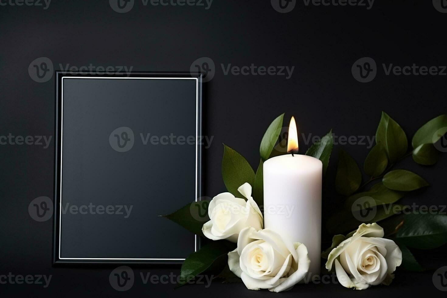 White roses with ribbon and photo frame on black background.Funeral Concept AI generated