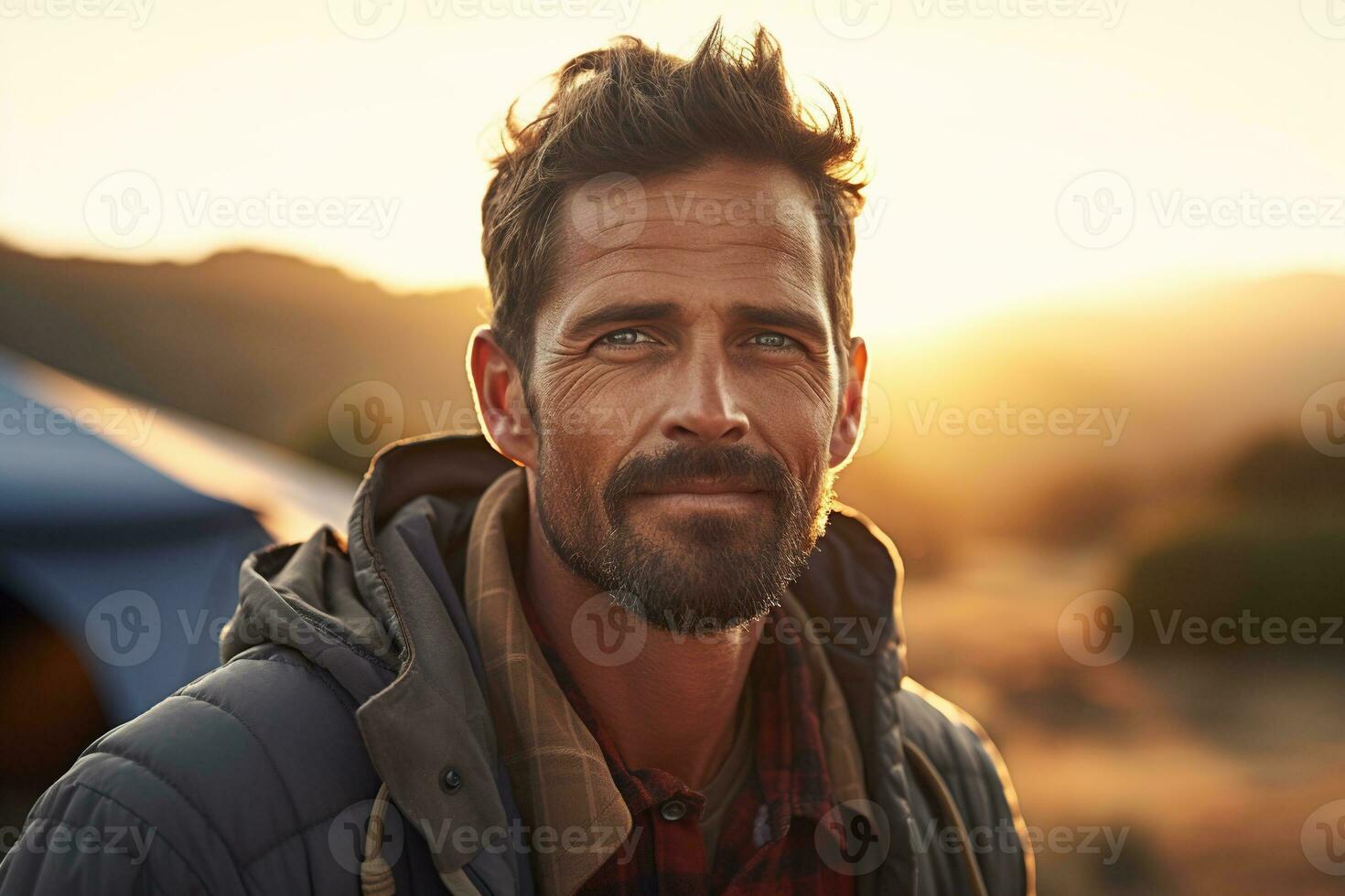 Portrait of man looking at camera while near camping tent at sunset AI generated photo