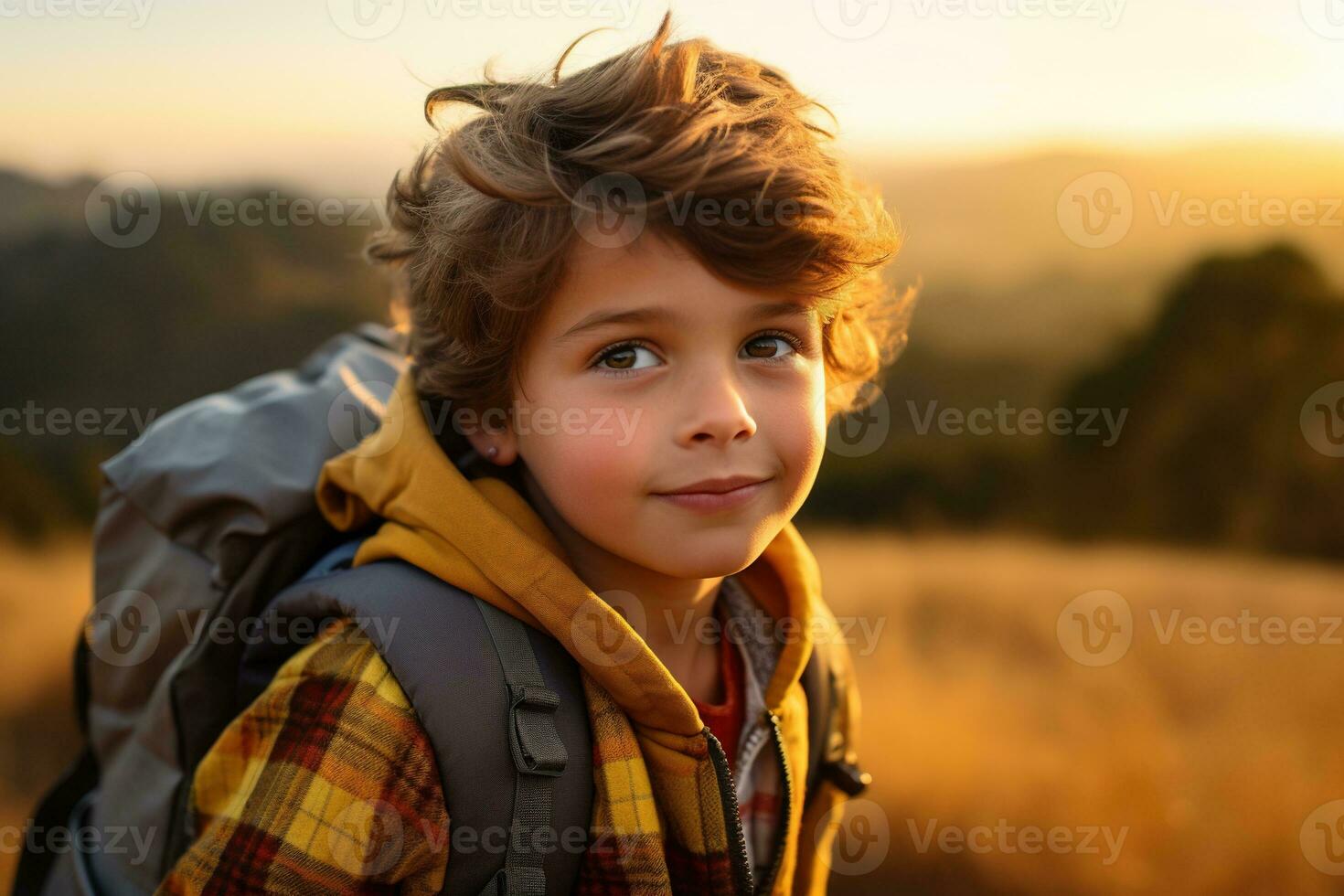 Portrait of a cute boy looking at camera while near his tent in nature AI generated photo