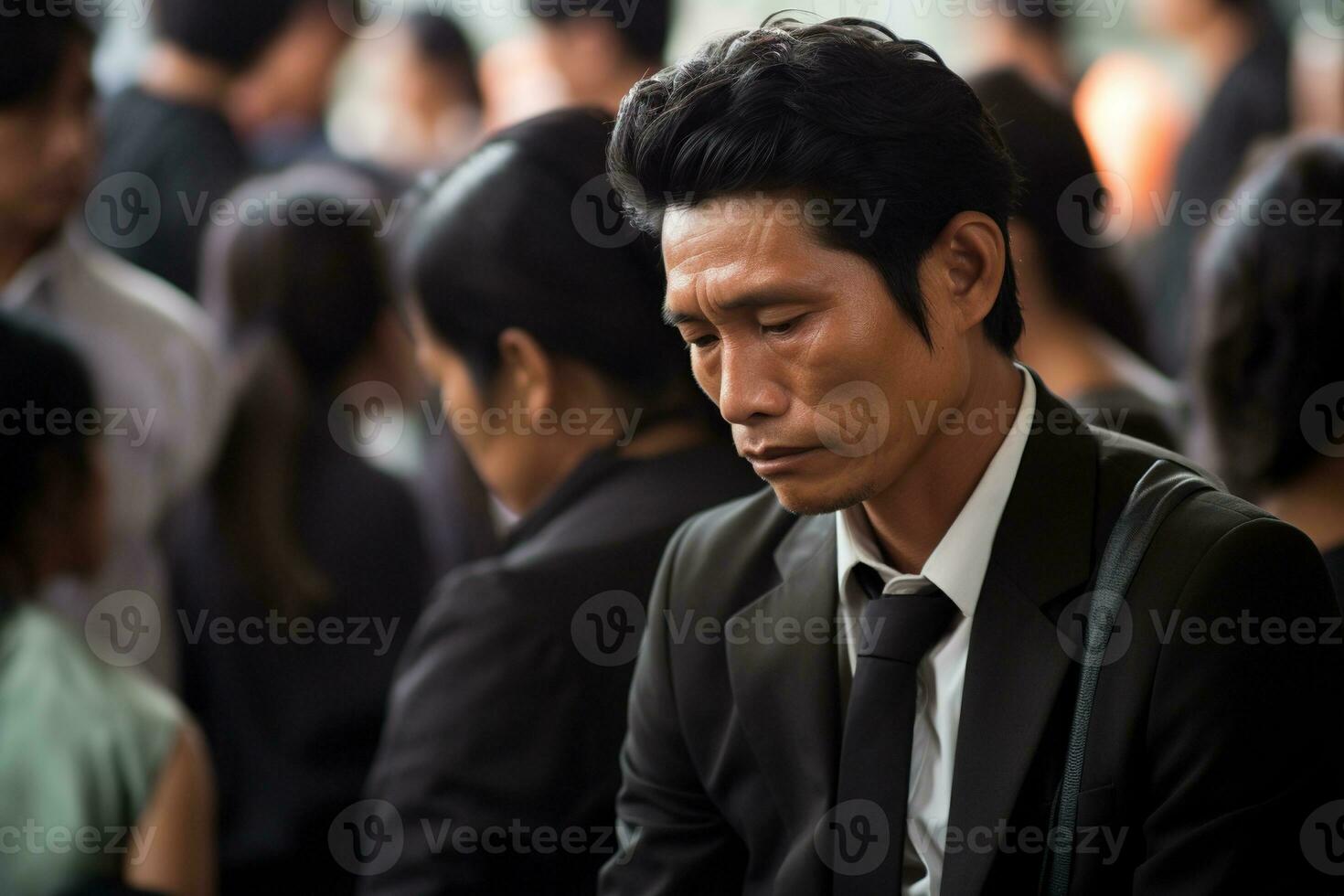 Elderly asian man with funeral sorrow and flowers in church AI generated photo