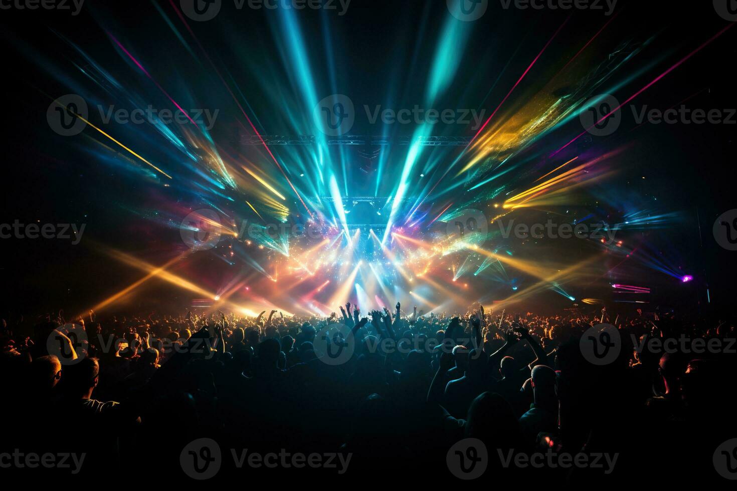 Rock concert, silhouettes of people in the bright rays of spotlights. Generated by artificial intelligence photo