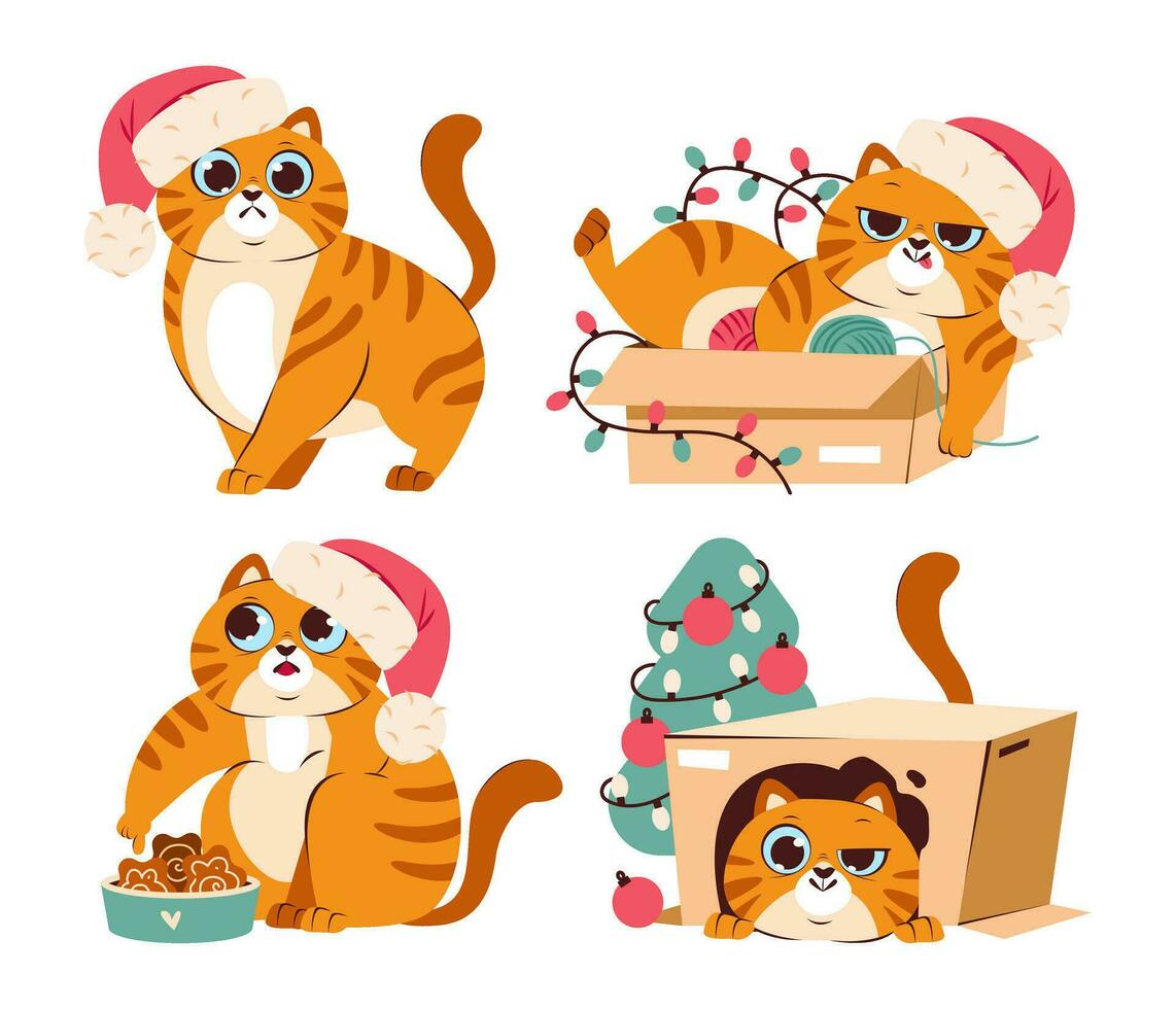 Cute playful Christmas cat. A cat in a festive costume and a Christmas tree. artoon flat vector illustration.