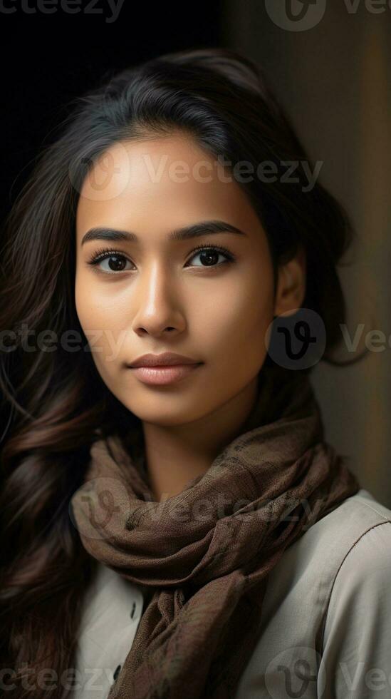 beautiful indonesian female portrait, background image, vertical format, generative AI photo