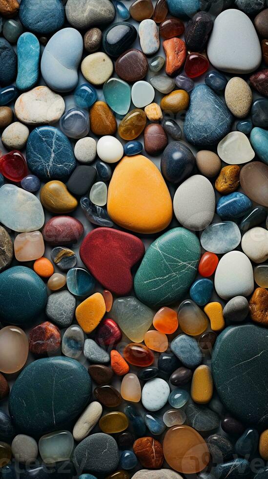 Carpet background surrounded by various colorful decorative stones from top view, background image, vertical format, generative AI photo