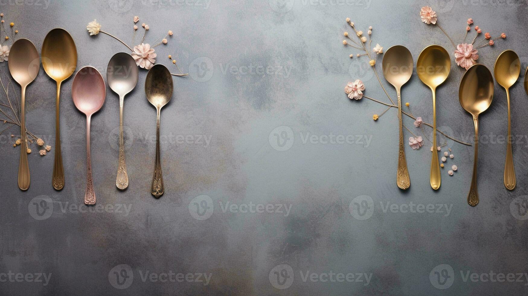space for text on textured background surrounded by decorative spoons, background image, AI generated photo