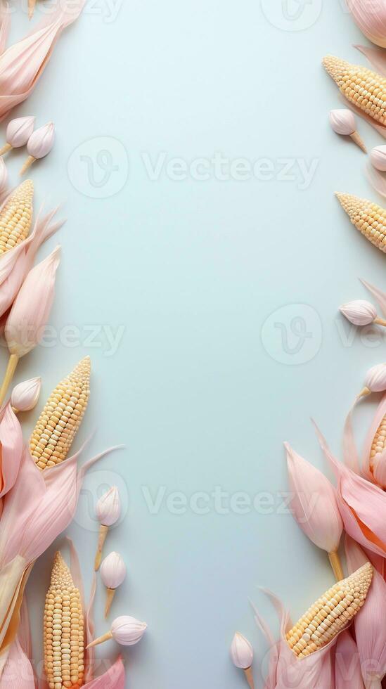 a pastel background surrounded by corns, vertical format, background image, generative AI photo