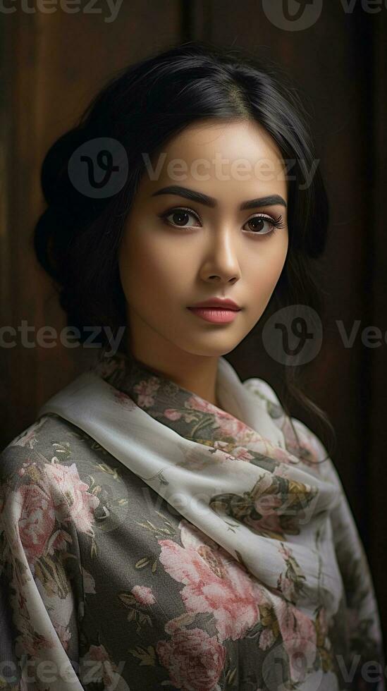 beautiful indonesian female portrait, background image, vertical format, generative AI photo