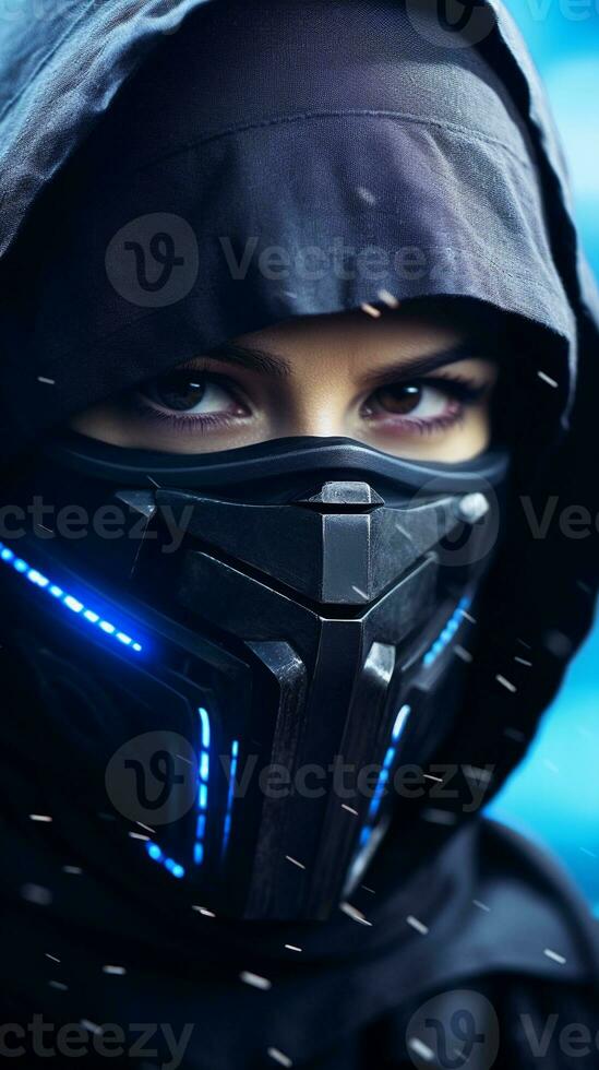 futuristic modern ninja portrait with space for text on the left side, background image, vertical format, generative AI photo