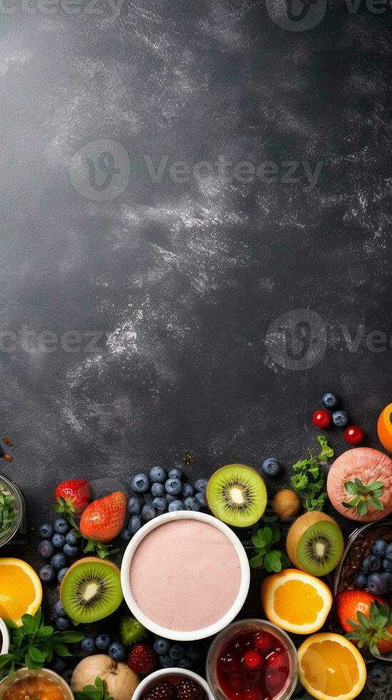 Textured background surrounded by delicious smoothies from top view, background image, vertical format, generative AI photo