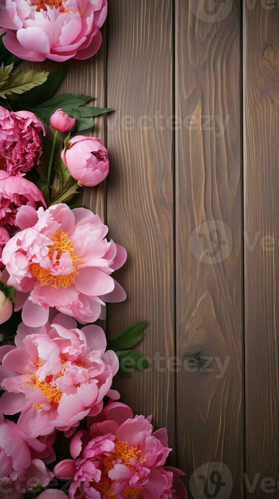 Wooden background surrounded by Peony flowers from top view, background image, vertical format, generative AI photo