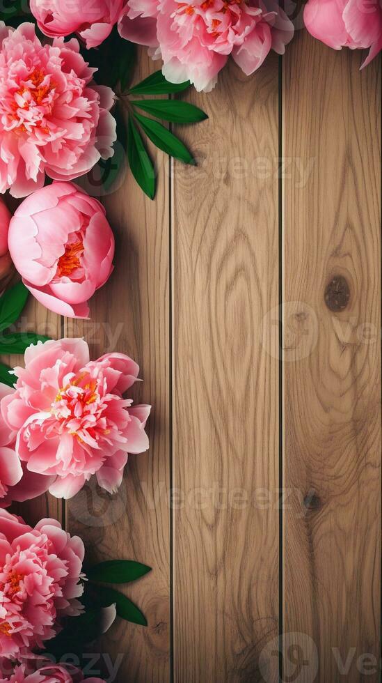 Wooden background surrounded by Peony flowers from top view, background image, vertical format, generative AI photo