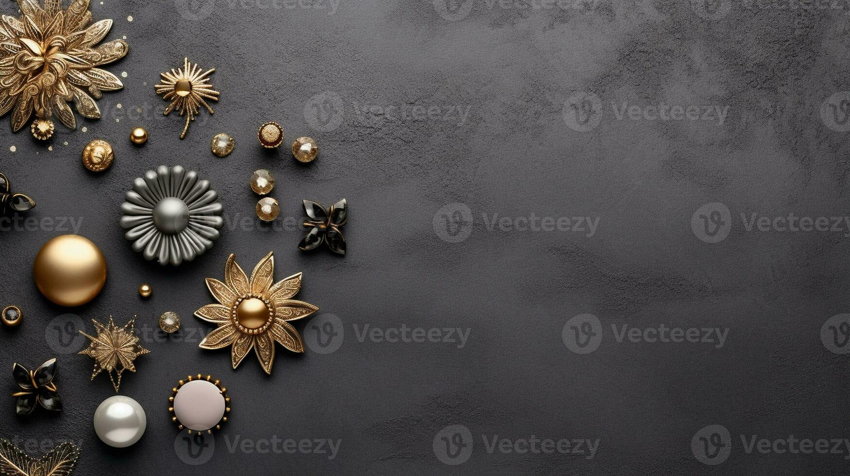 space for text on textured background surrounded by Brooches Pins, background image, generative AI photo