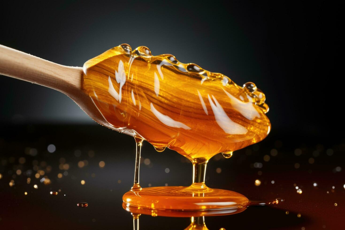 miel goteo desde un cuchara en un oscuro antecedentes. charco de miel.generada por artificial inteligencia foto