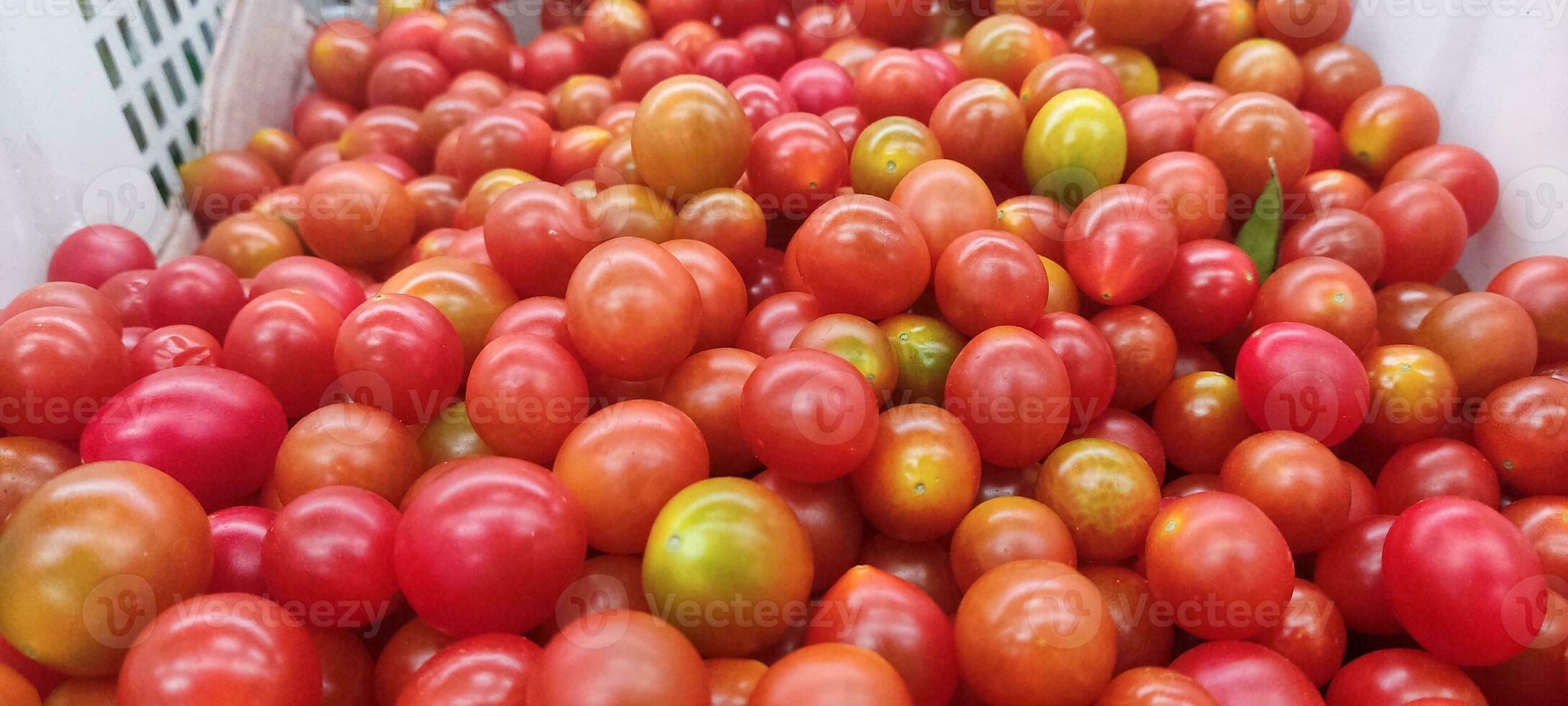 Tomatoes lying on a pile on top of each other, tomato texture. photo