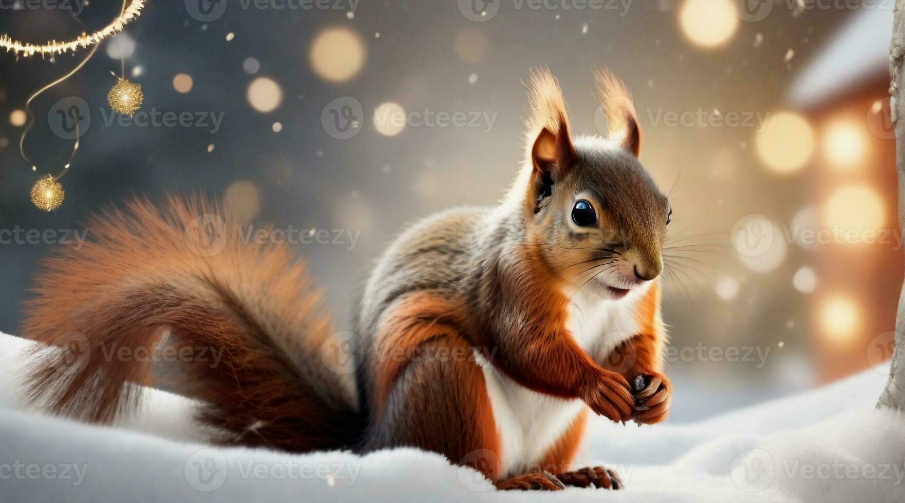 Cute squirrel couple playing against New Year's eve day ambience background with space for text, background image, AI generated photo