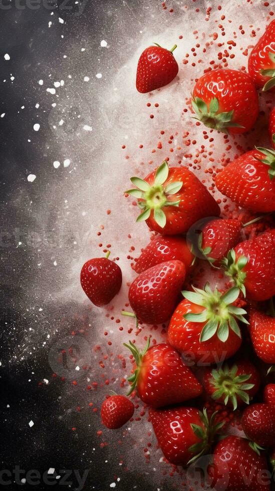 Textured background surrounded by fresh strawberry, background image, vertical format, generative AI photo