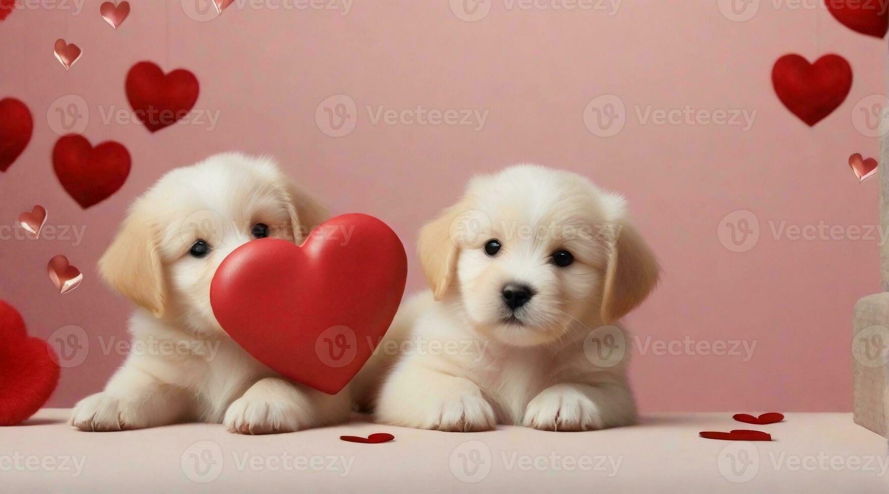 Cute puppies playing against valentine's day ambience background with space for text, background image, AI generated photo