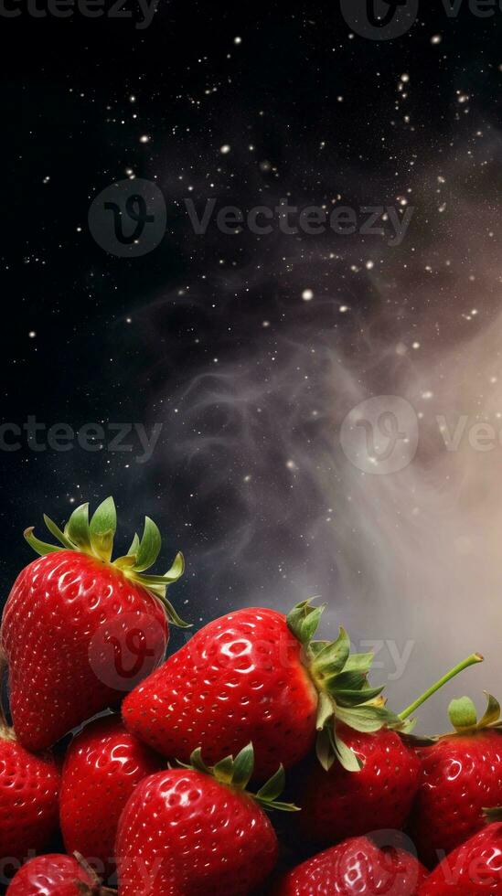 Textured background surrounded by fresh strawberry, background image, vertical format, generative AI photo