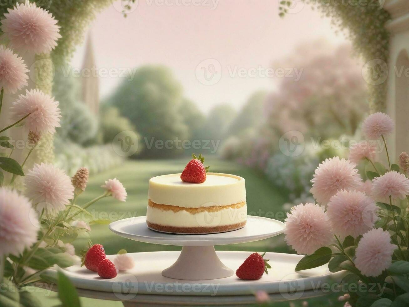 A cheesecake served in a serene garden with a pastel color scheme and space for text, background image, AI generated photo