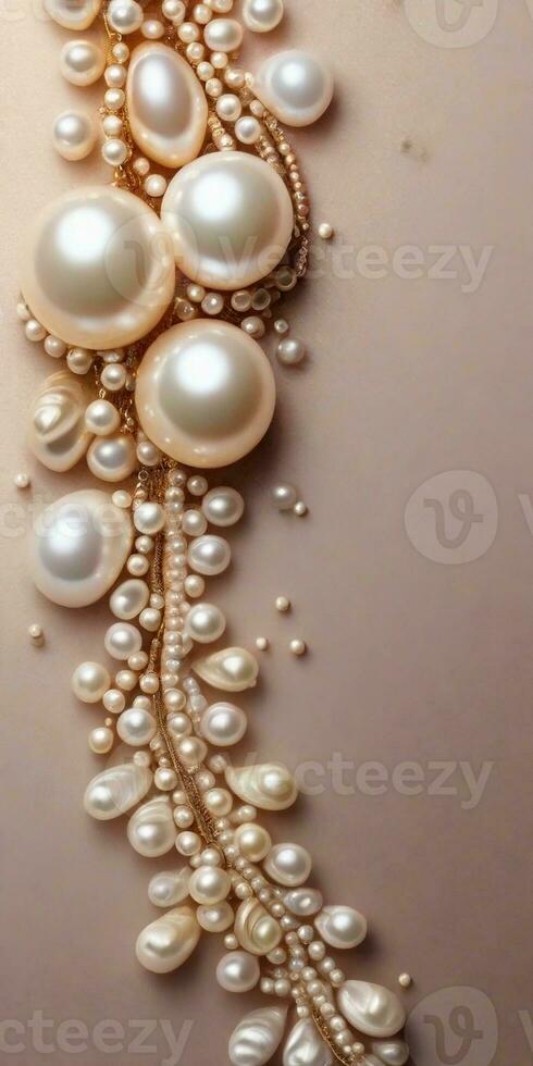 Textured background surrounded by beautiful pearls, vertical image, background image, generative AI photo