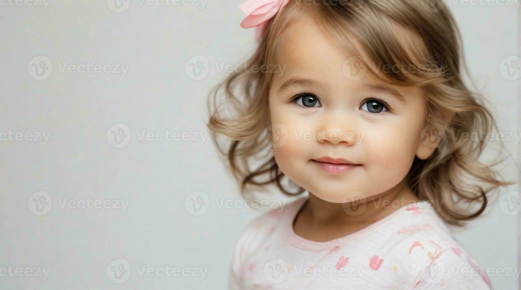 Cute little toddler girl against white background with space for text, children background image, AI generated photo