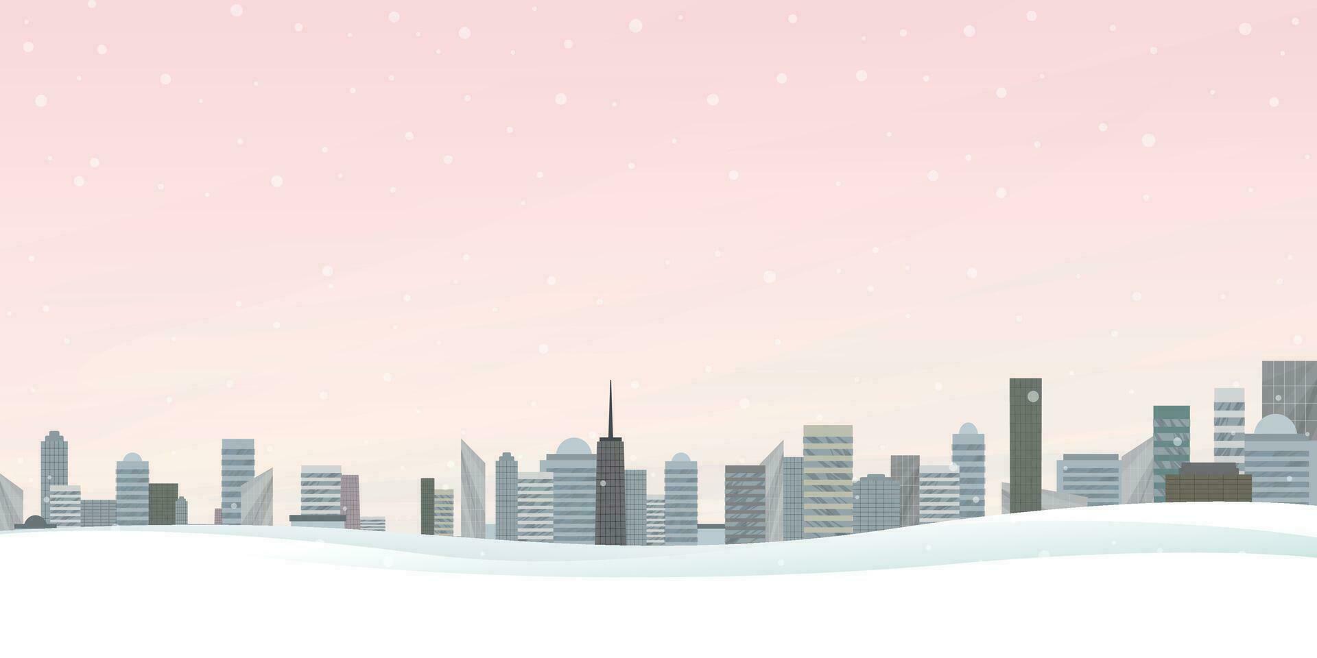 paisaje urbano con nevada y vainilla cielo vector ilustración tener blanco espacio. edificios silueta en contra el cielo en invierno plano diseño.