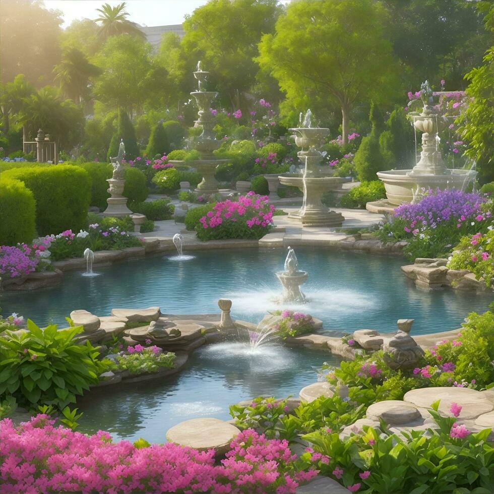 beautiful garden view with various flowers, AI generated. photo