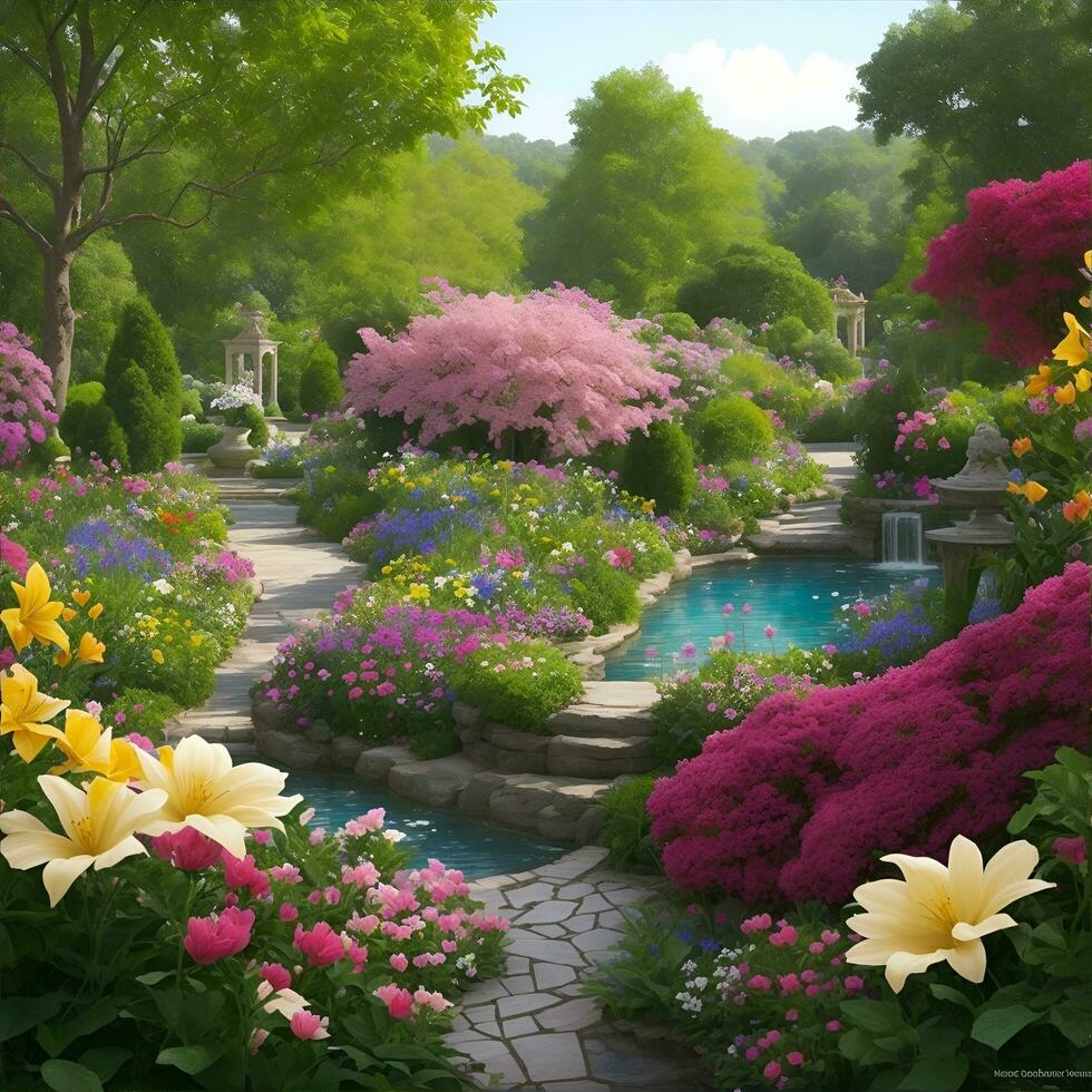 beautiful garden view with various flowers, AI generated. photo