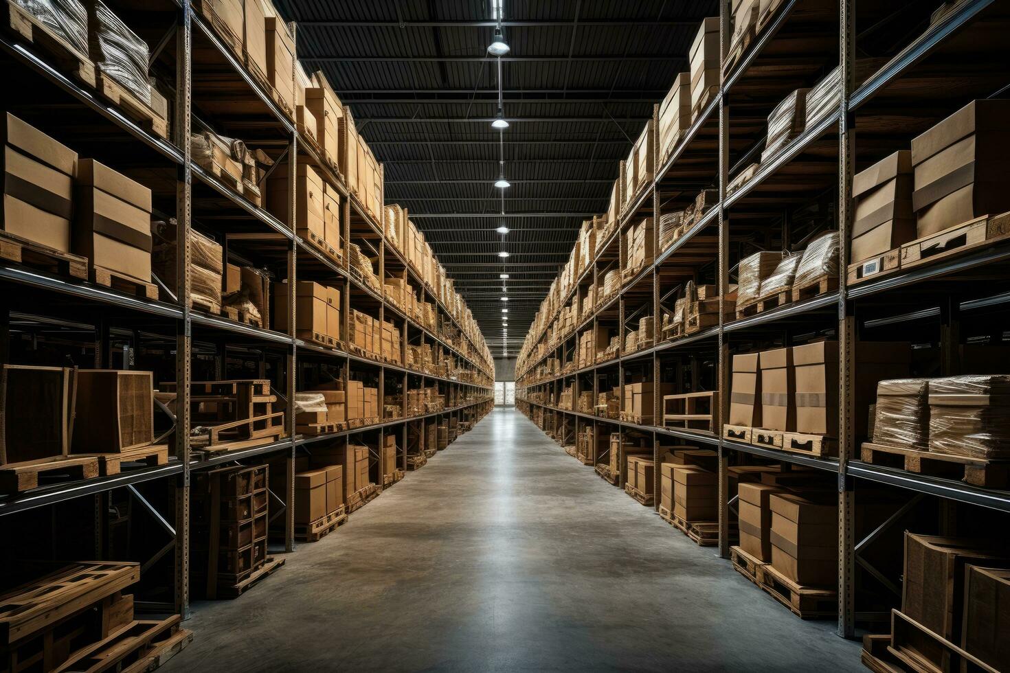 Warehouse interior with rows of shelves and wooden pallets. Industrial background, Warehouse or warehouse with rows of shelves and rows of wooden boxes, AI Generated photo