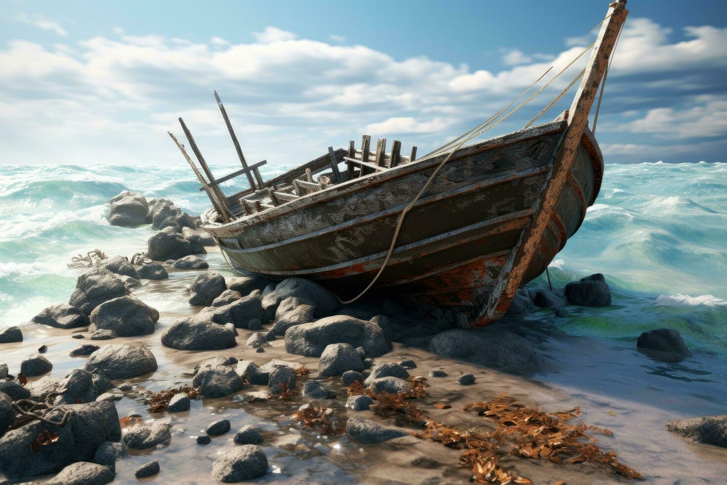 Old wooden fishing boat on the seashore. 3d render, Wreck of a fishing boat in the sea. 3d render, AI Generated photo