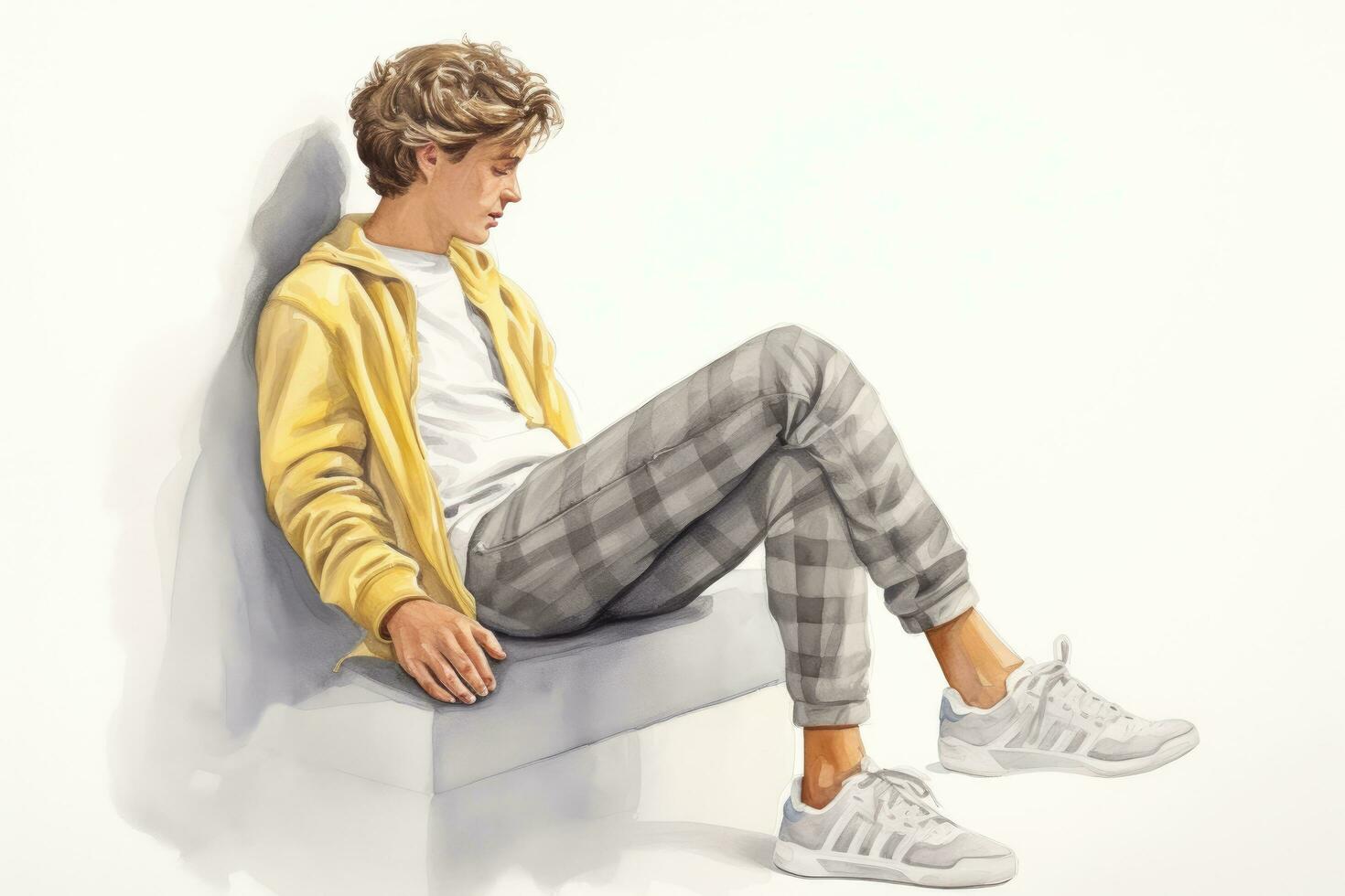 Young man in a yellow hoodie and jeans sitting on a chair, Young man doing leg stretching, top section cropped, side view, no face revealed, no deformation, AI Generated photo