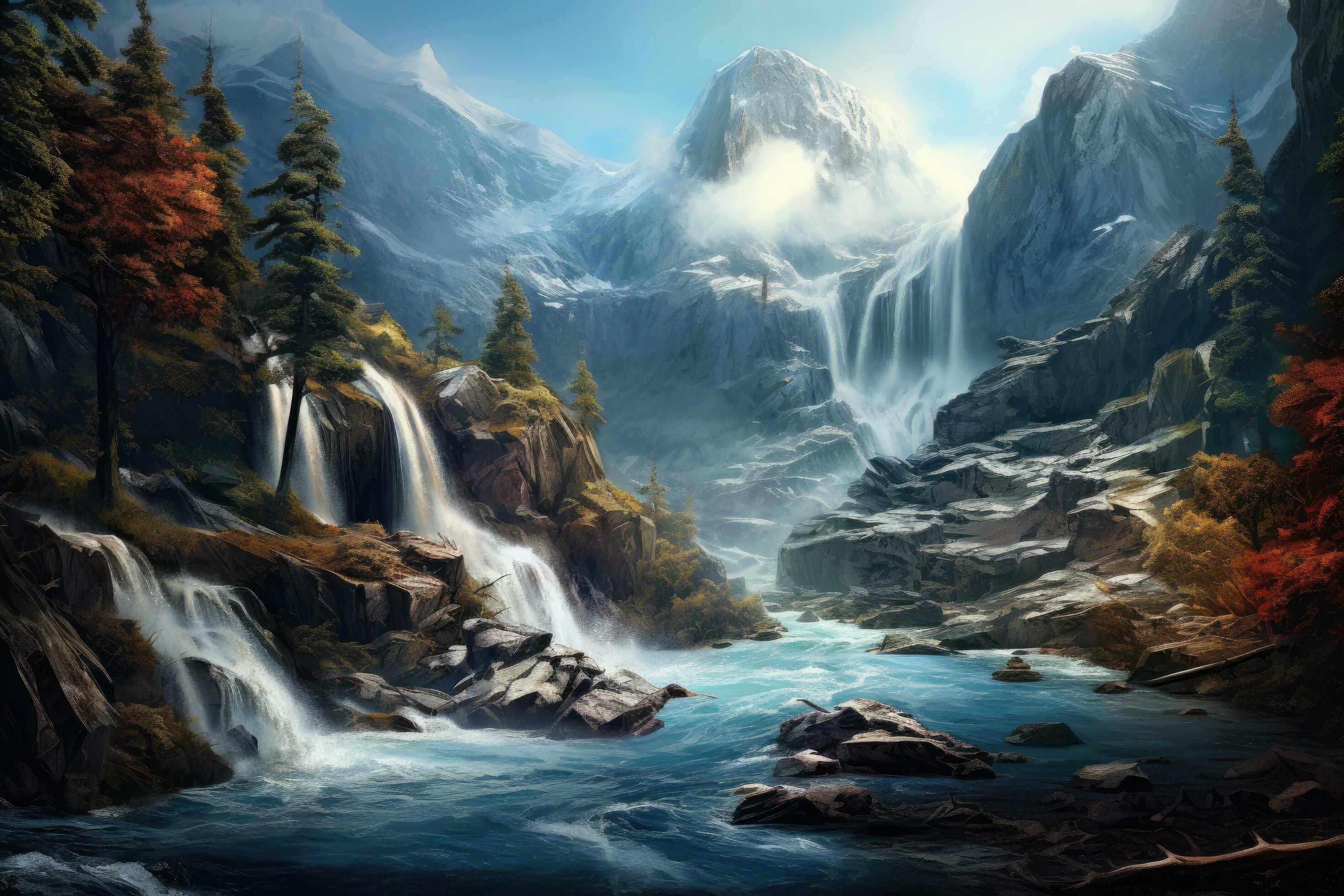 絵画 Mountain waterfall Mountain Waterfall Painting by Mattia Poddi | Saatchi Art