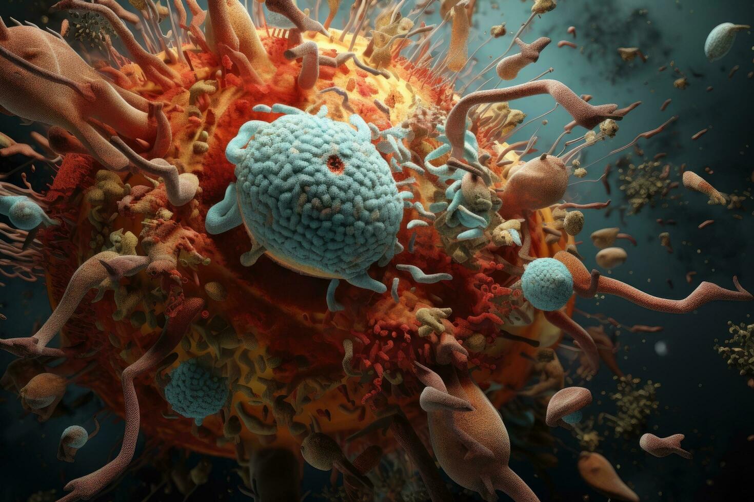 cáncer célula o tumor ilustración en alto detalle como un médico Ciencias concepto, testigo el inmune del sistema lucha en contra patógenos en maravilloso imágenes, ai generado foto